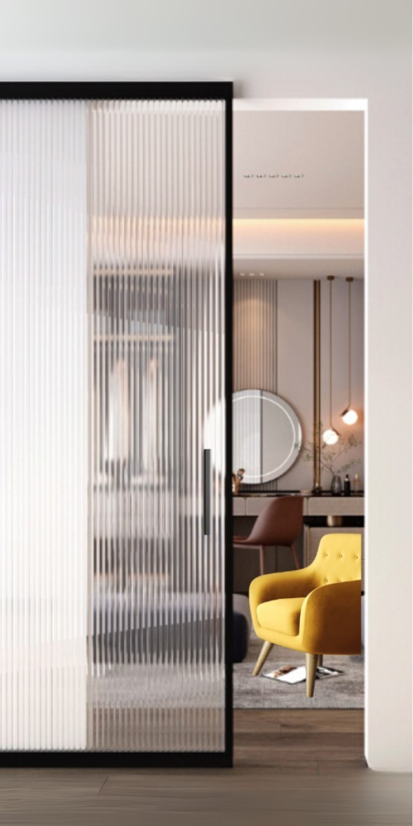 Modern interior design with a glass partition in a living room.