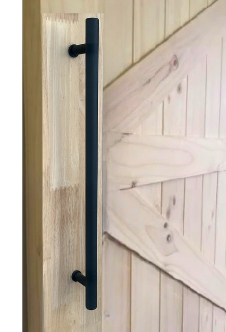Black door handle on a wooden door